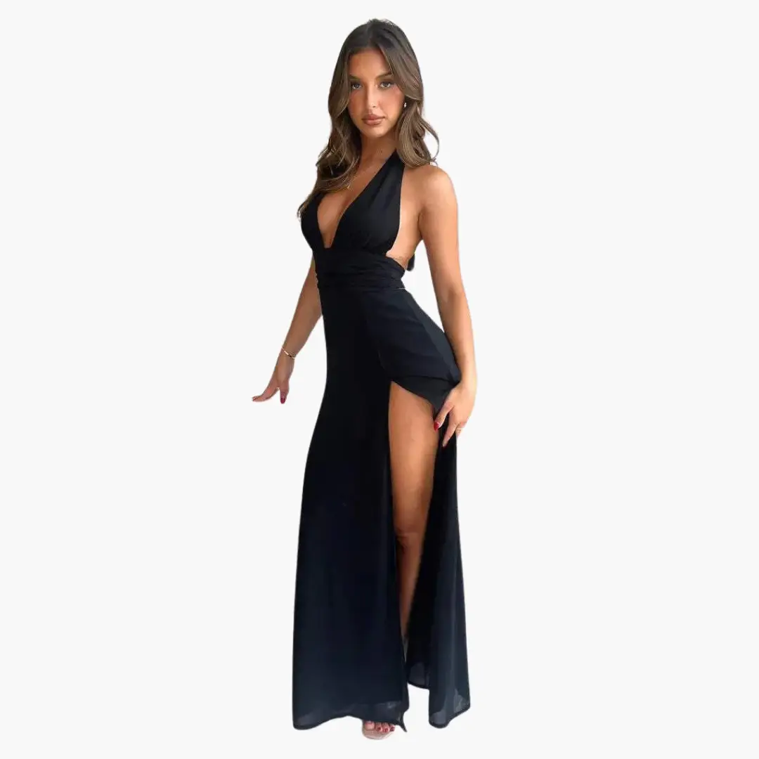 Maxi Dress with Slit & Halter Neck - Women's Evening Wear