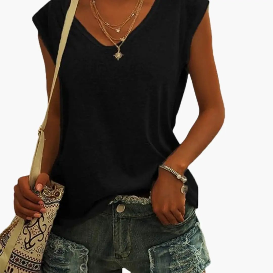 Women's V-Neck Top with Cap Sleeves and Stretch Material
