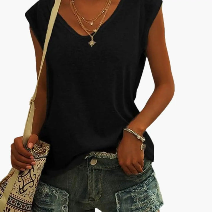 Women's V-Neck Top with Cap Sleeves and Stretch Material