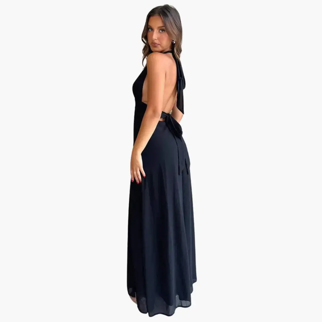 Maxi Dress with Slit & Halter Neck - Women's Evening Wear
