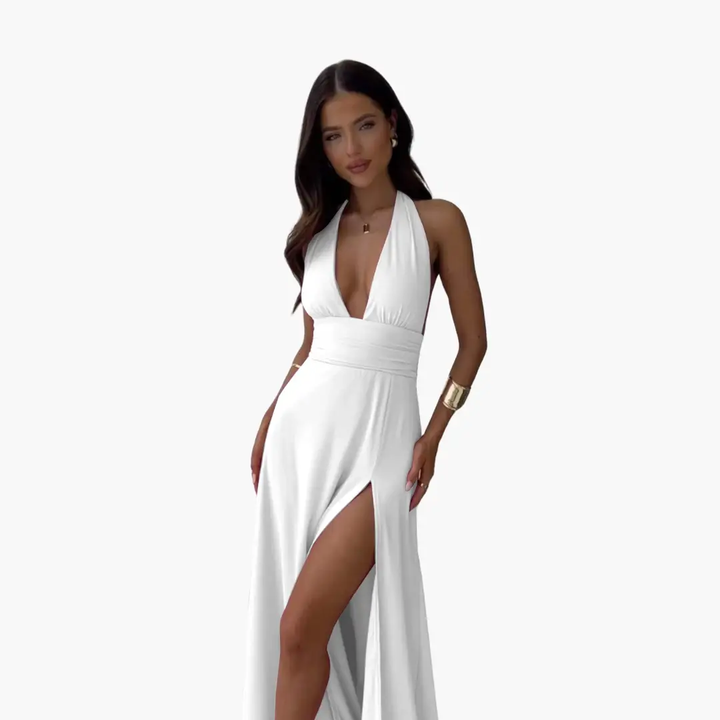 Maxi Dress with Slit & Halter Neck - Women's Evening Wear