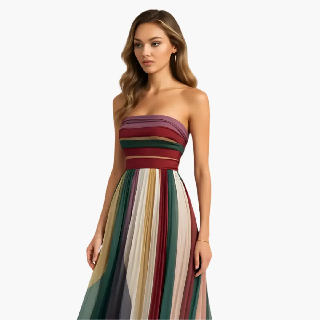 Maxi Dress for Women - Strapless, Colorful Striped & Elegant
