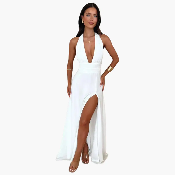 Maxi Dress with Slit & Halter Neck - Women's Evening Wear