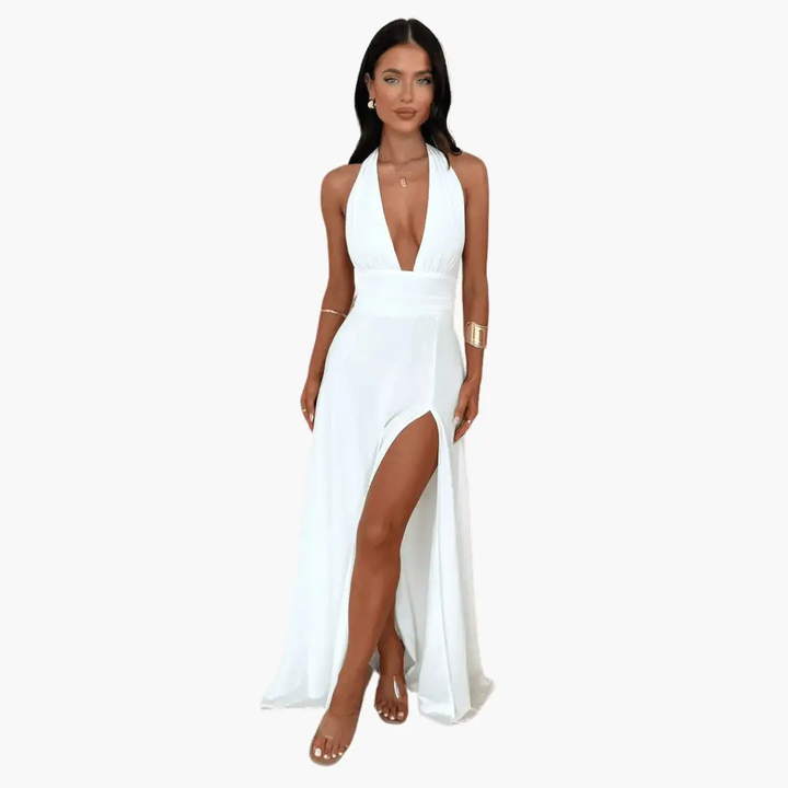 Maxi Dress with Slit & Halter Neck - Women's Evening Wear