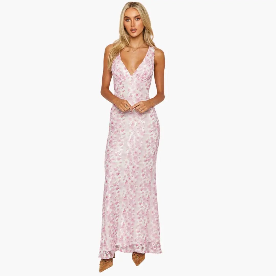 Lace Maxi Dress - Women's Style with V-Neck and Elegance
