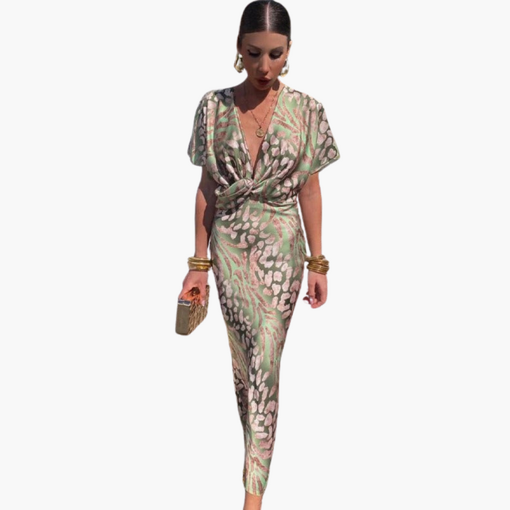 Women's Ankle-Length Dress with V-Neck and Knotted Front Detail