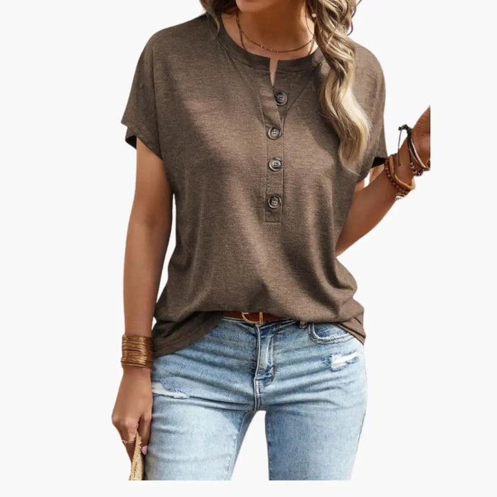 Women’s Button Front Short Sleeve T-Shirt – Crew Neck Top