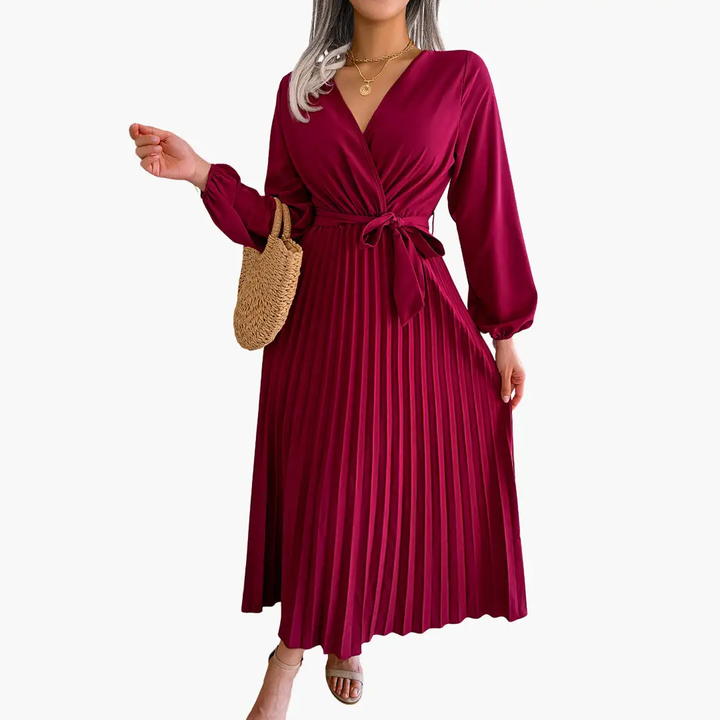 Elegant Maxi Dress with Long Sleeves for Women - Pleated Design