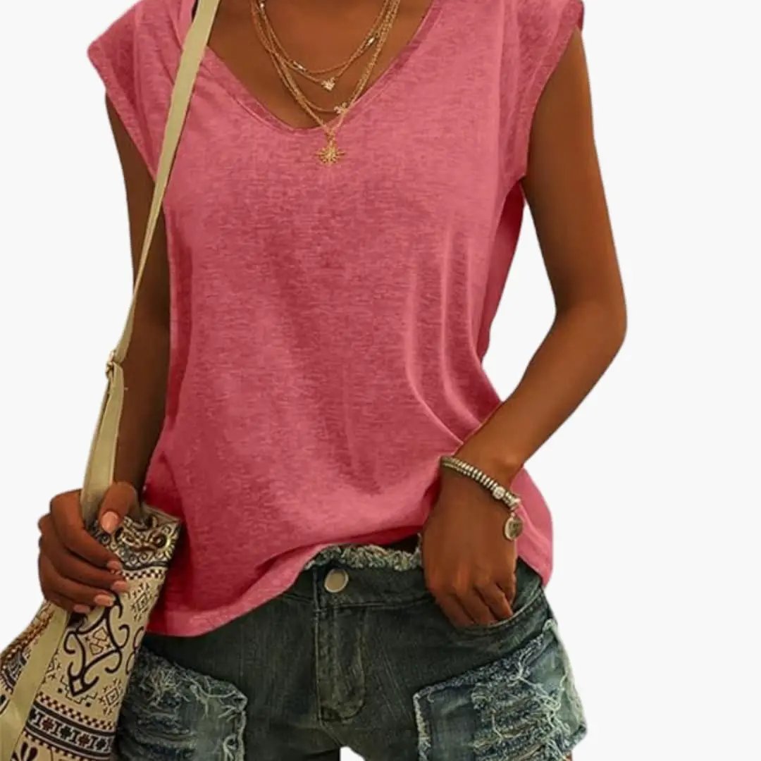 Women's V-Neck Top with Cap Sleeves and Stretch Material