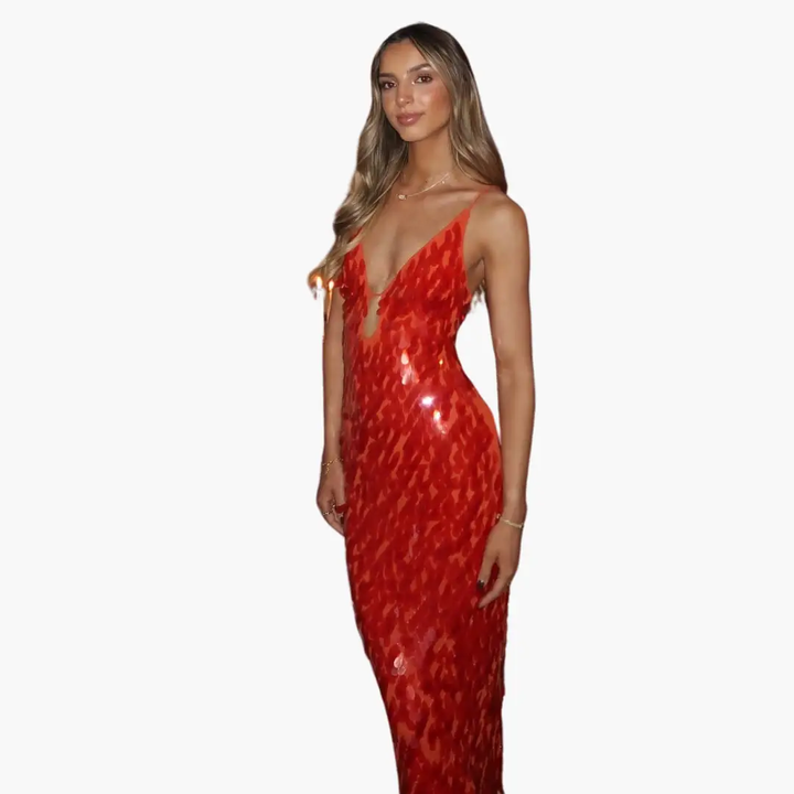 Sequin Evening Dress for Women - Maxi with V-Neck