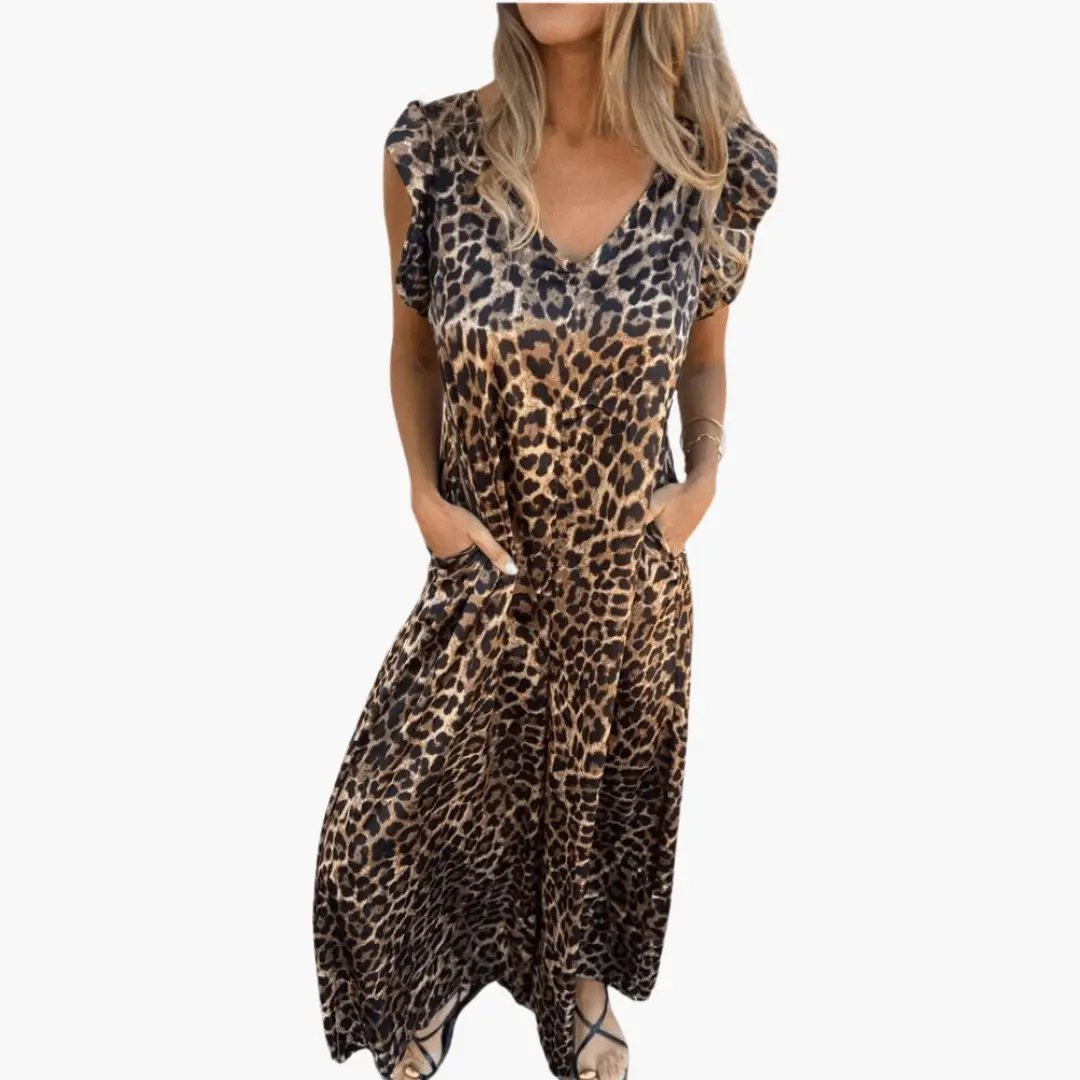 Maxi Dress with Leopard Print – V-Neck for Women