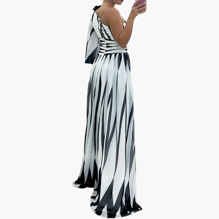 Striped One-Shoulder - Women's Elegant Maxi Dress with Slit