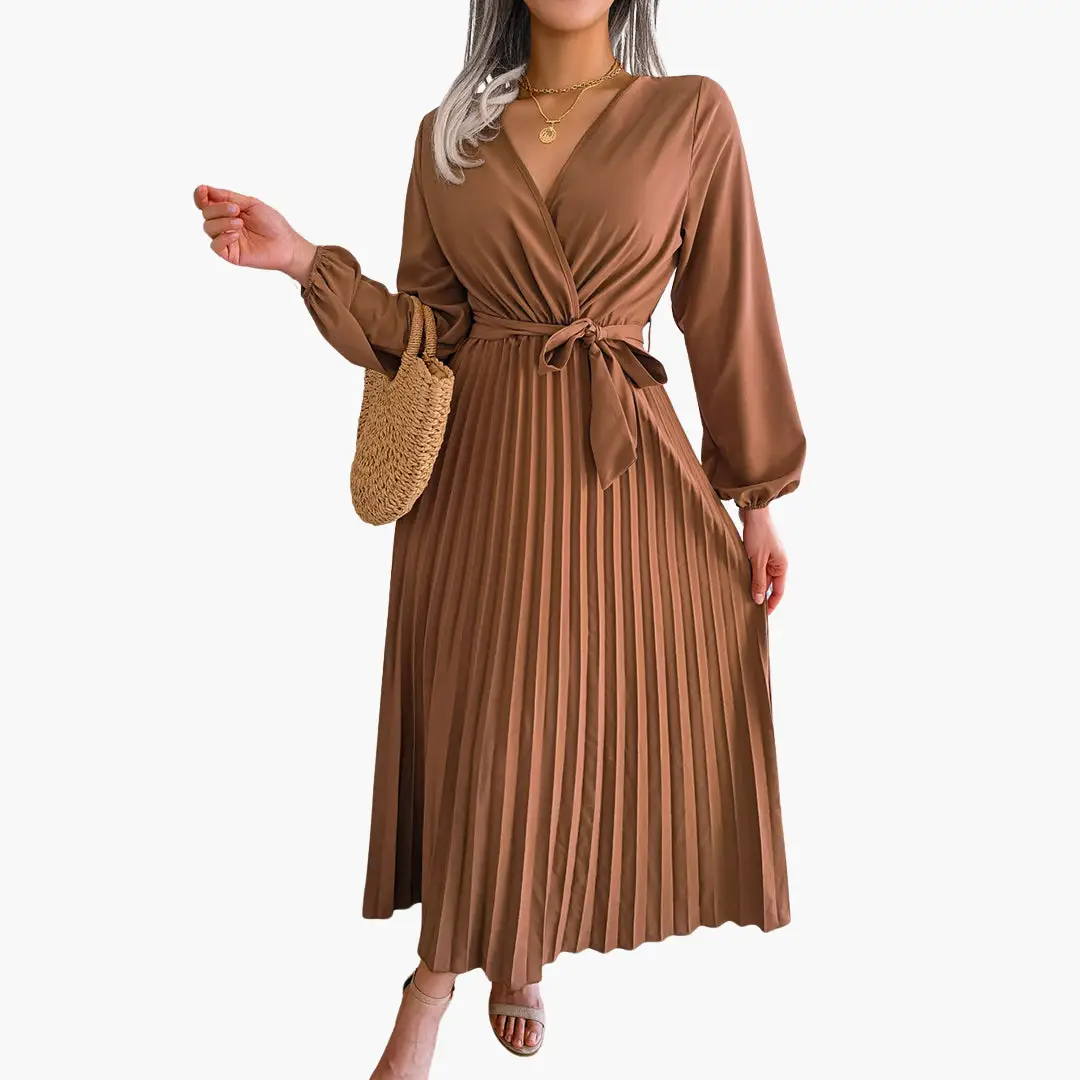 Elegant Maxi Dress with Long Sleeves for Women - Pleated Design