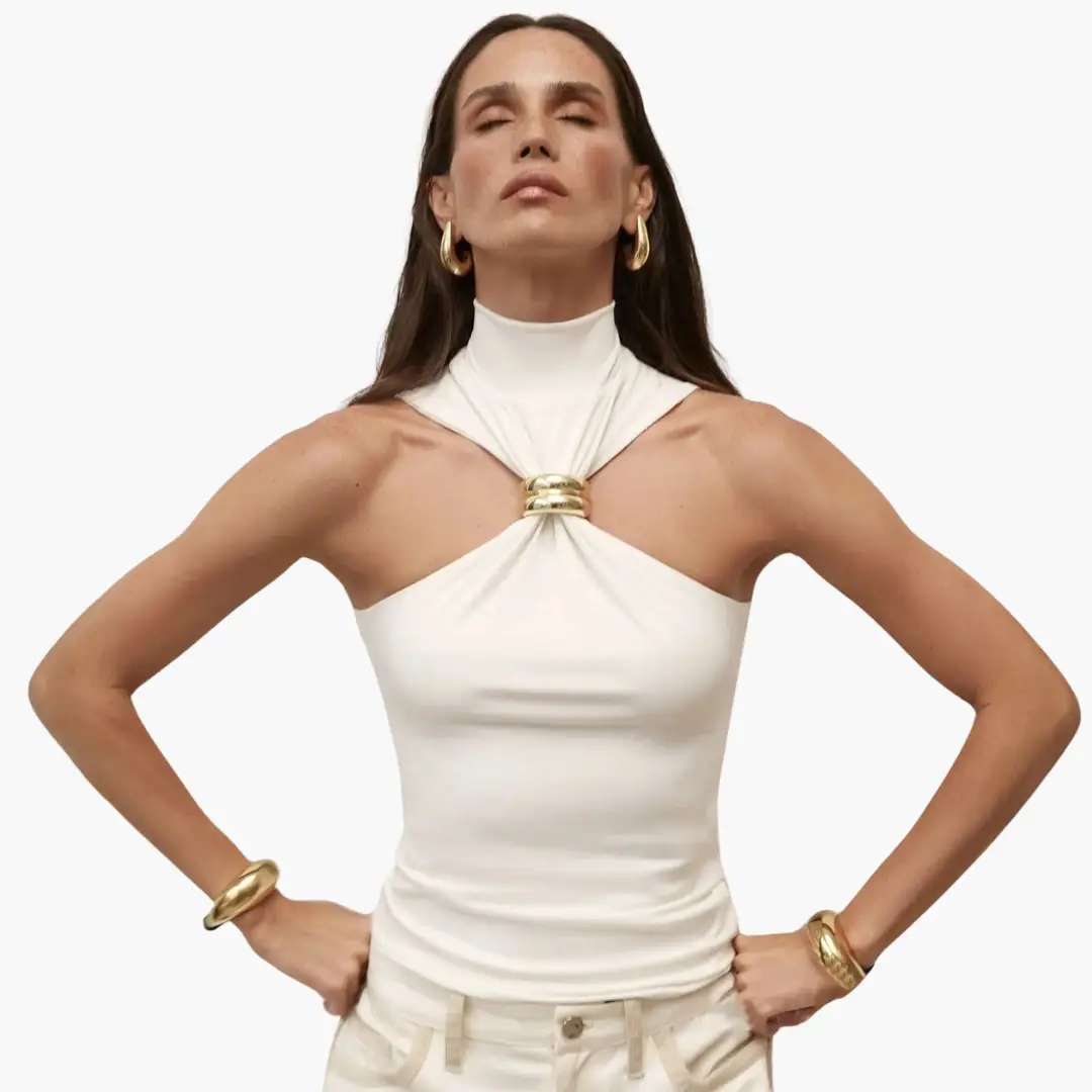 Chic High Neck Halter Top - for Women with Gold Accent