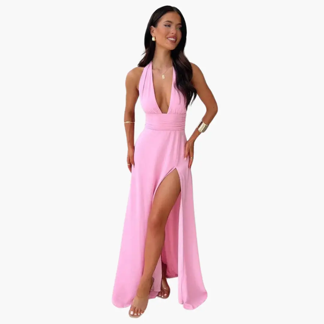 Maxi Dress with Slit & Halter Neck - Women's Evening Wear