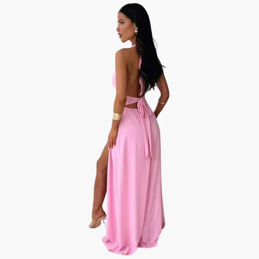Maxi Dress with Slit & Halter Neck - Women's Evening Wear