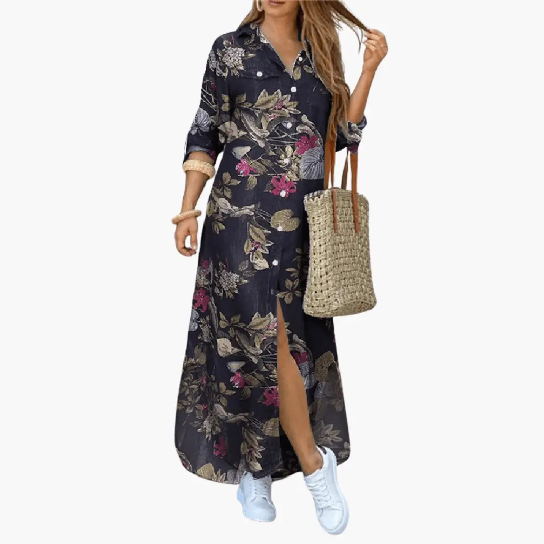 Floral Maxi Dress for Women with Button Placket – Long Dress