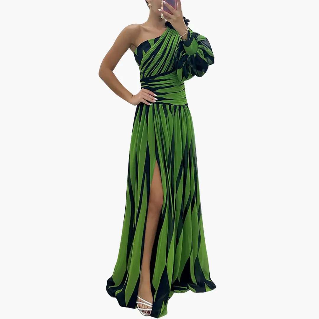 Striped One-Shoulder - Women's Elegant Maxi Dress with Slit