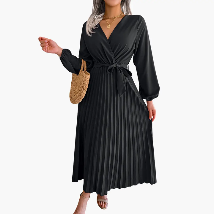 Elegant Maxi Dress with Long Sleeves for Women - Pleated Design
