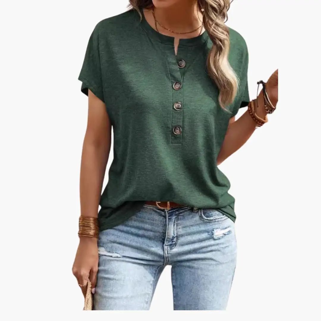 Women’s Button Front Short Sleeve T-Shirt – Crew Neck Top