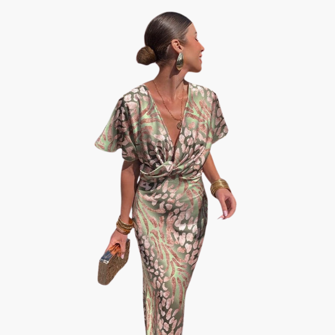 Women's Ankle-Length Dress with V-Neck and Knotted Front Detail