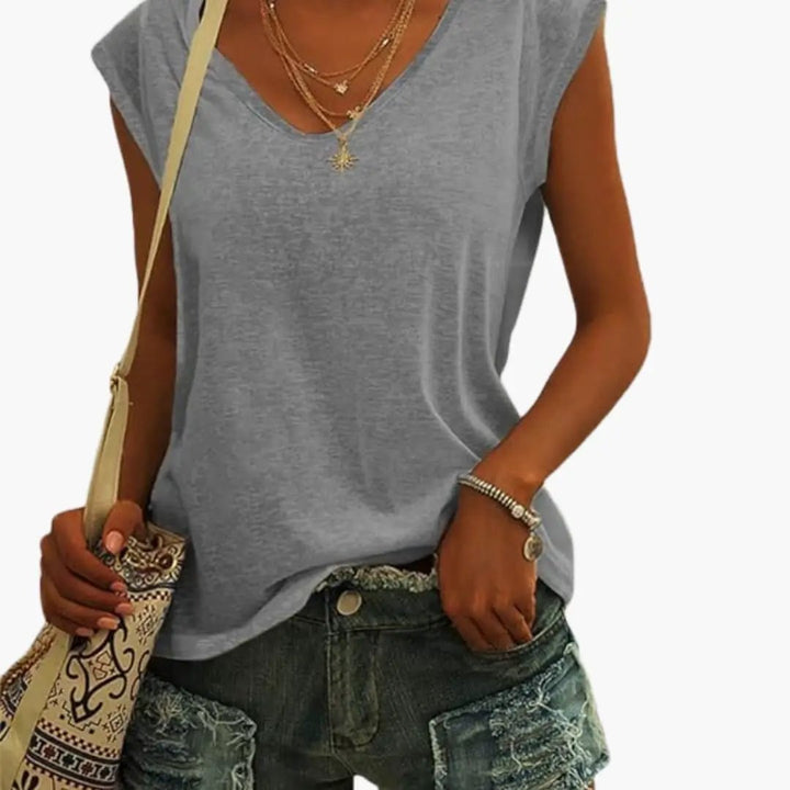 Women's V-Neck Top with Cap Sleeves and Stretch Material