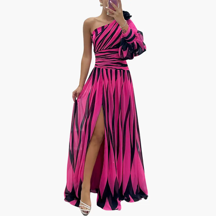 Striped One-Shoulder - Women's Elegant Maxi Dress with Slit