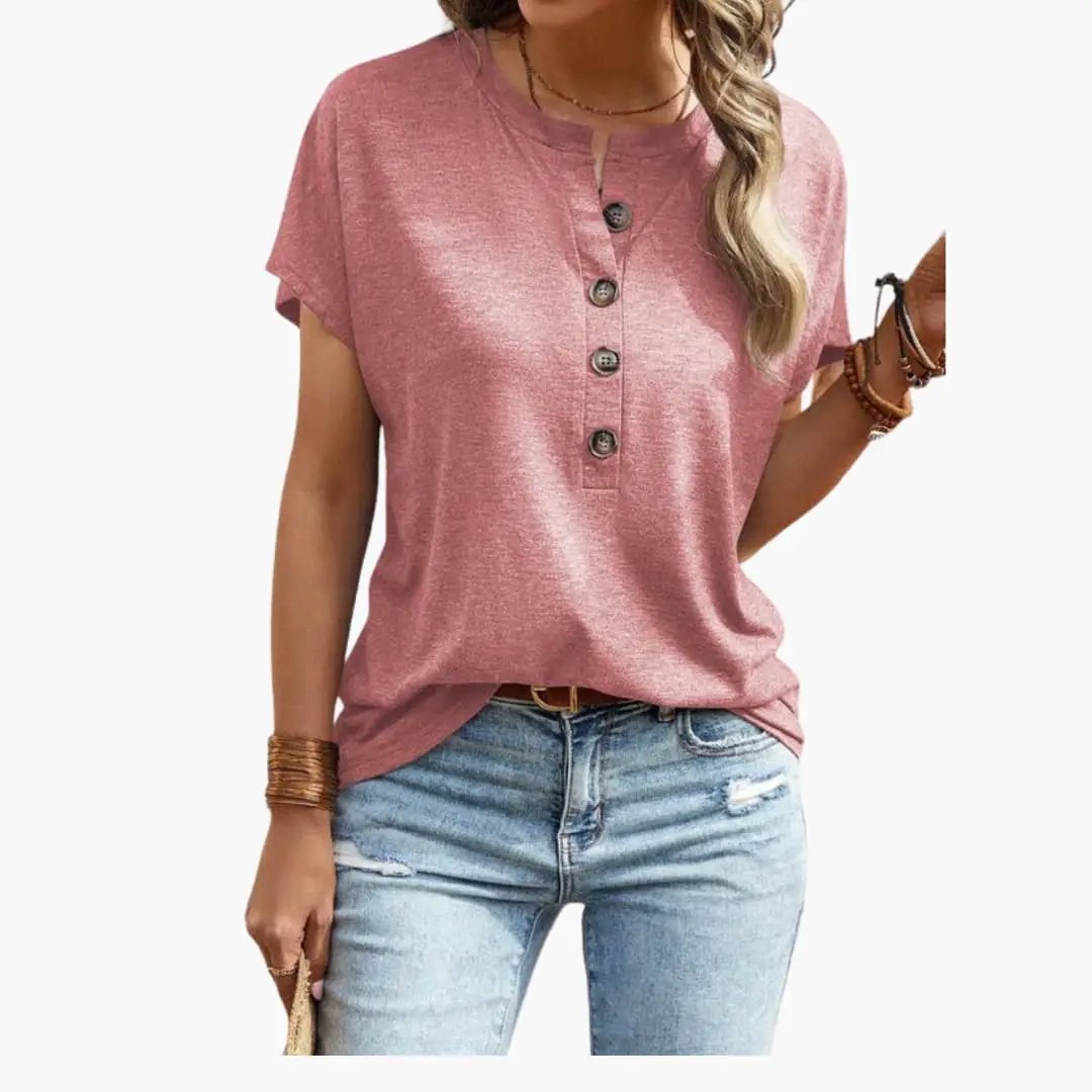 Women’s Button Front Short Sleeve T-Shirt – Crew Neck Top