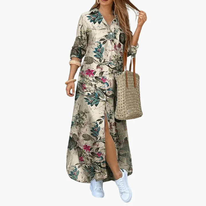 Floral Maxi Dress for Women with Button Placket – Long Dress