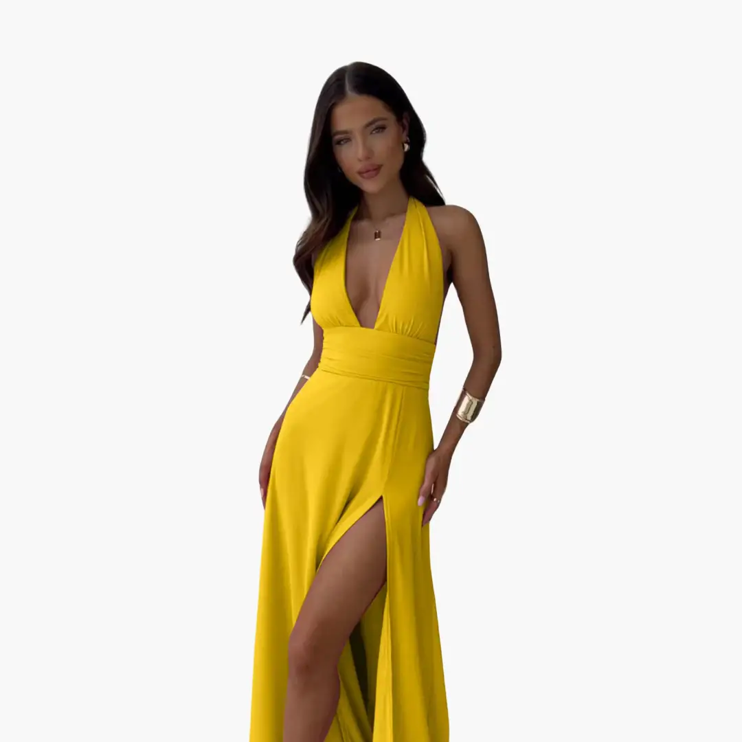 Maxi Dress with Slit & Halter Neck - Women's Evening Wear