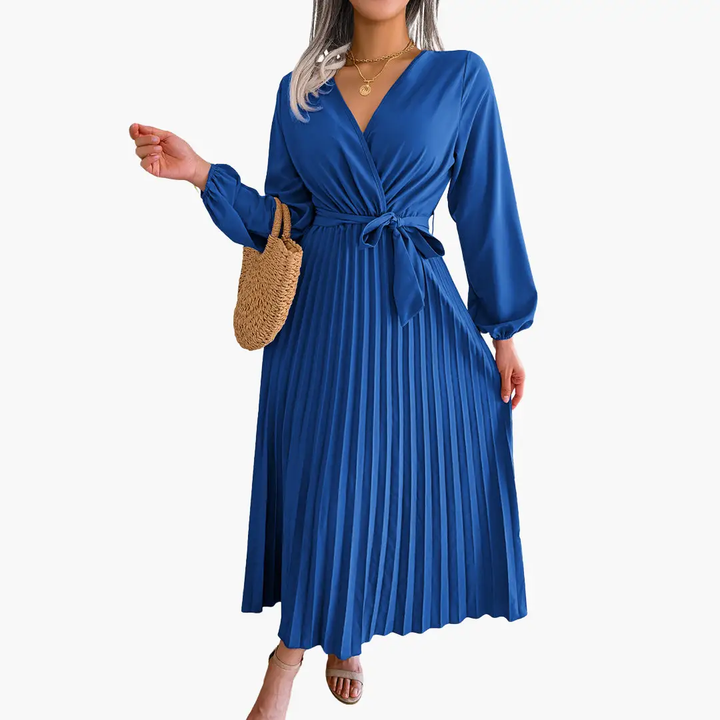 Elegant Maxi Dress with Long Sleeves for Women - Pleated Design
