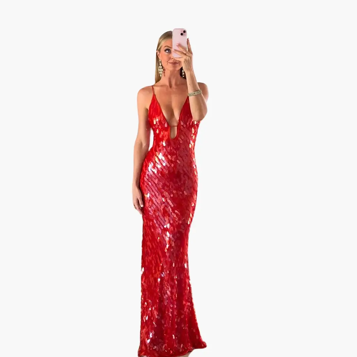 Sequin Evening Dress for Women - Maxi with V-Neck