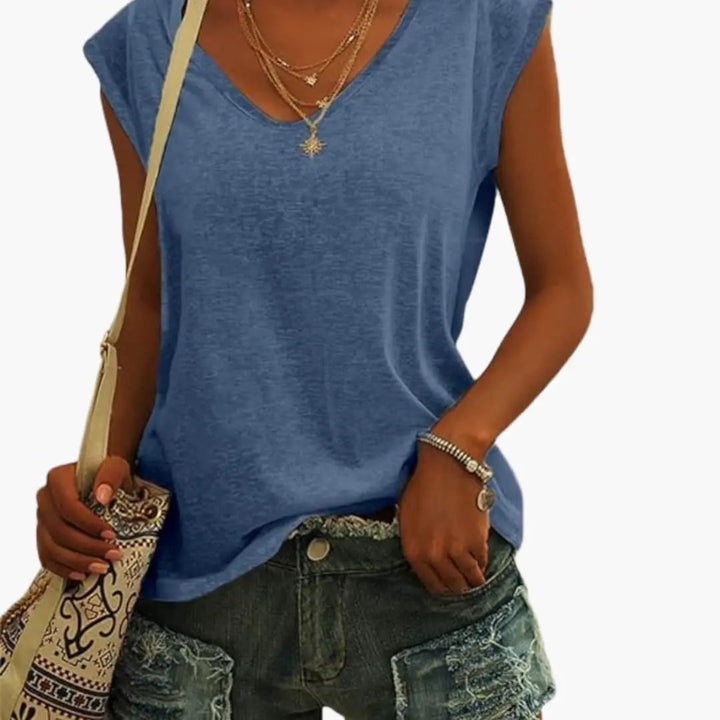 Women's V-Neck Top with Cap Sleeves and Stretch Material