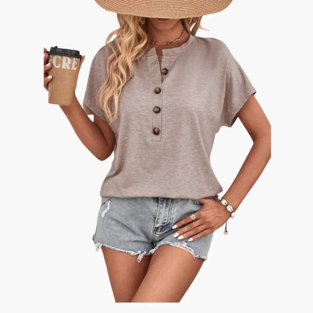 Women’s Button Front Short Sleeve T-Shirt – Crew Neck Top