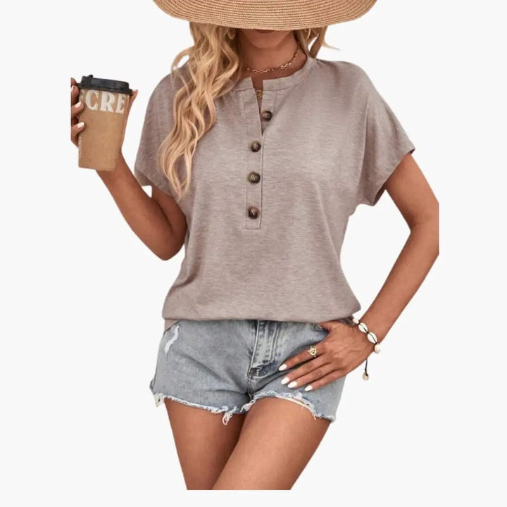 Women’s Button Front Short Sleeve T-Shirt – Crew Neck Top