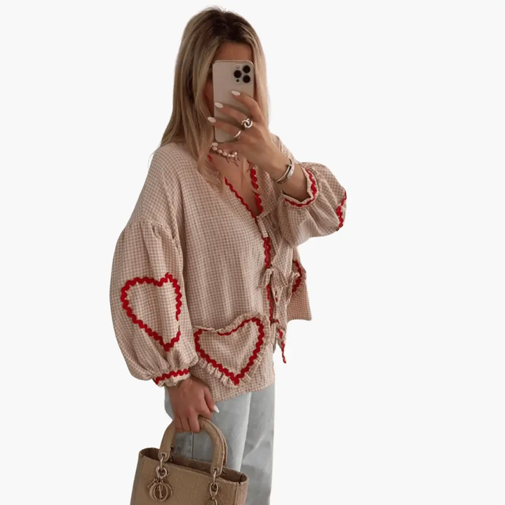 Women's Gingham Blouse with Heart Pockets – Summer Blouse