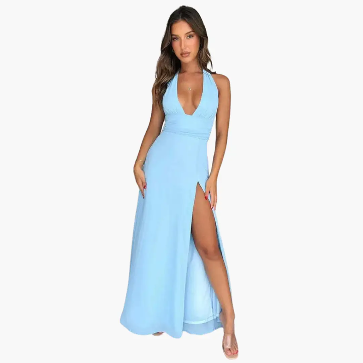 Maxi Dress with Slit & Halter Neck - Women's Evening Wear