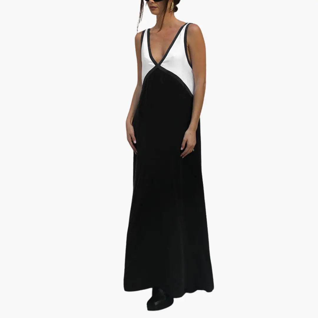 Light V-Neck Maxi Dress for Women - Color Block Design