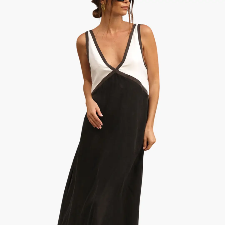Light V-Neck Maxi Dress for Women - Color Block Design
