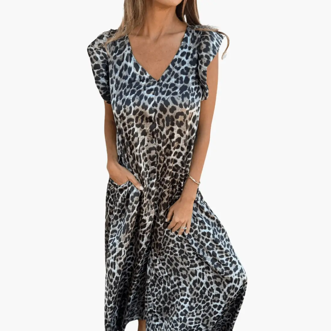 Maxi Dress with Leopard Print – V-Neck for Women