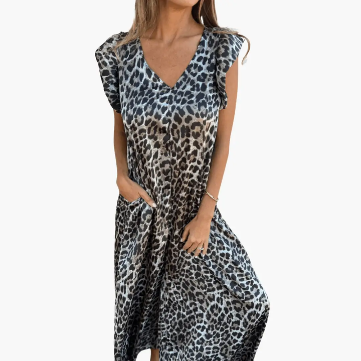 Maxi Dress with Leopard Print – V-Neck for Women
