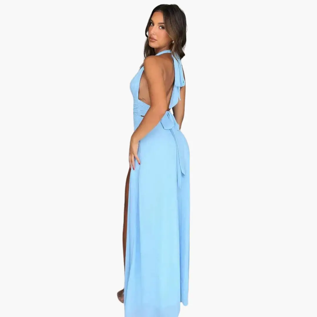 Maxi Dress with Slit & Halter Neck - Women's Evening Wear