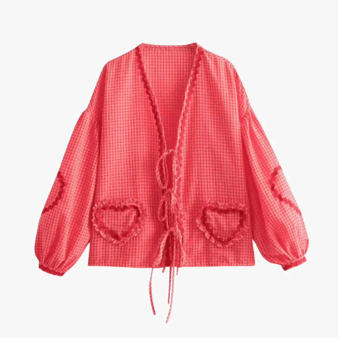 Women's Gingham Blouse with Heart Pockets – Summer Blouse