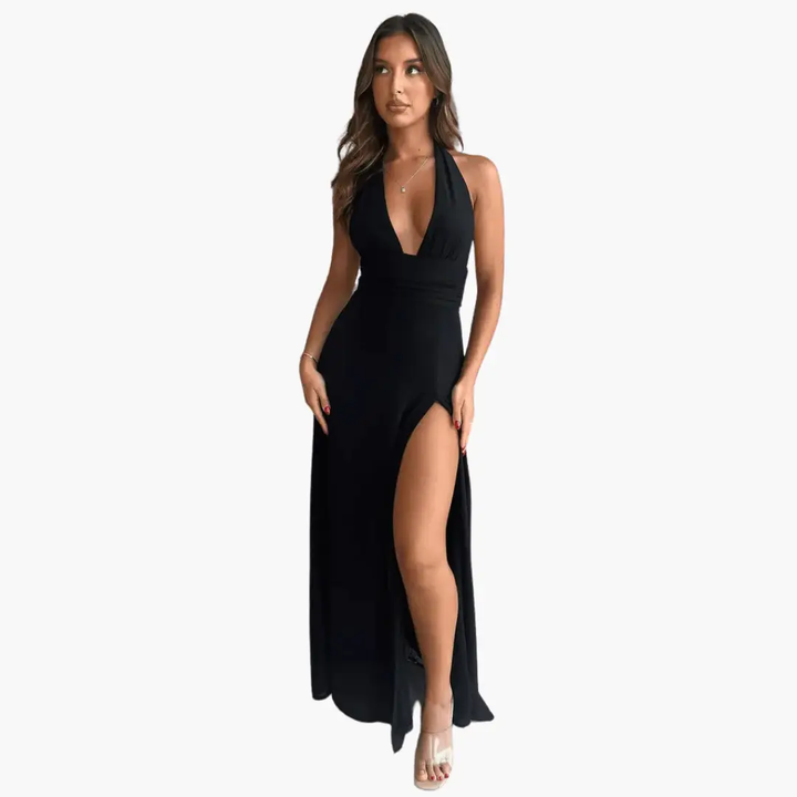 Maxi Dress with Slit & Halter Neck - Women's Evening Wear