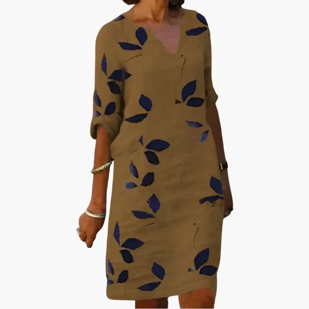 Summer Dress for Women - Leaf Pattern - Loose Fit & V - Neck