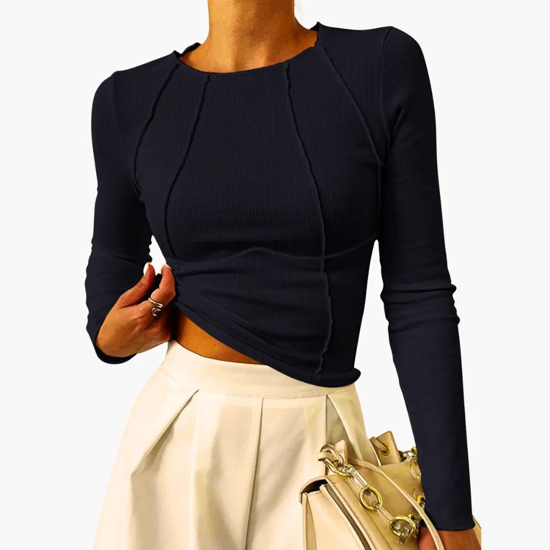 Women Top with Crew Neck and Piping