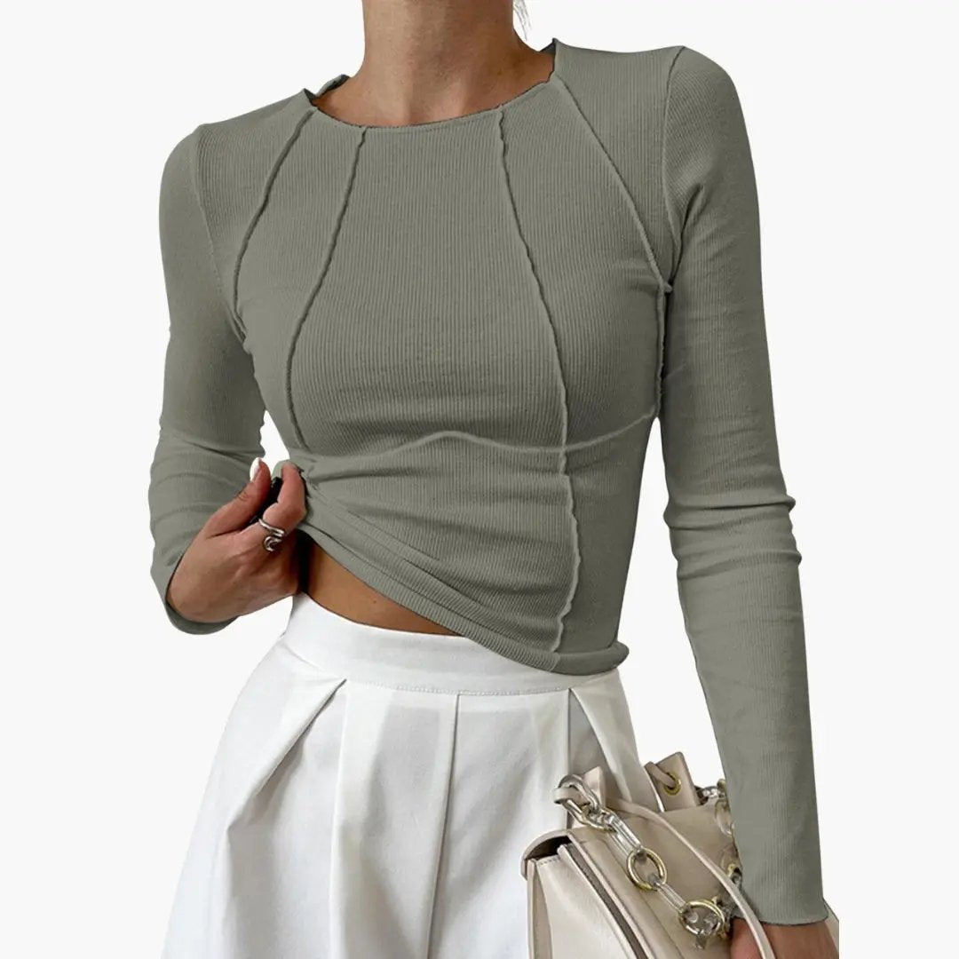 Women Top with Crew Neck and Piping