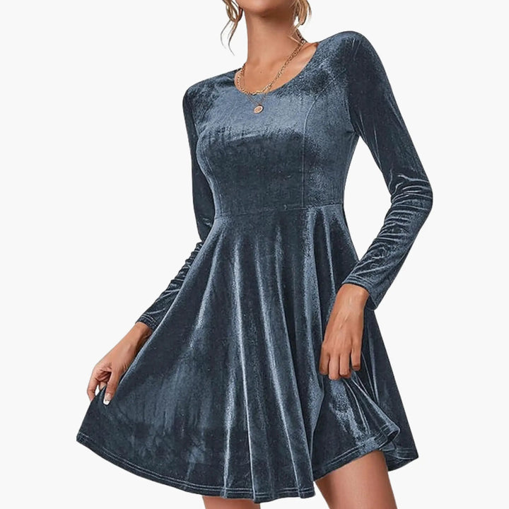Women’s A-Line Dress with Long Sleeves and Round Neckline