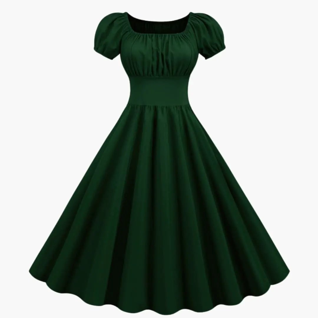 Women’s A-Line Dress with Puff Sleeves and Waist Seam
