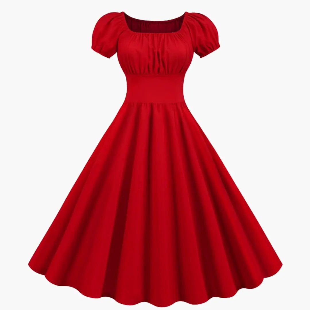 Women’s A-Line Dress with Puff Sleeves and Waist Seam